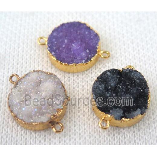 mixed druzy quartz connector, flat round, gold plated