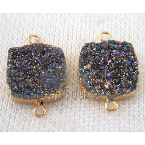 rainbow druzy quartz connector, square, gold plated