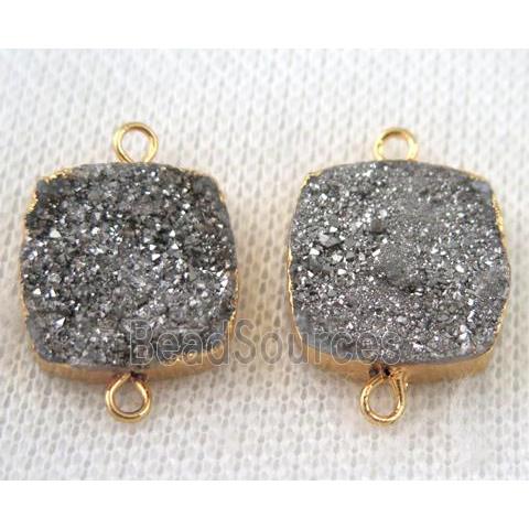 silver druzy quartz connector, square, gold plated