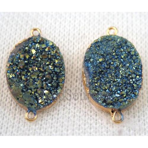 green druzy quartz connector, oval, gold plated