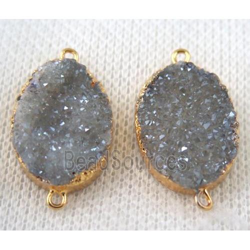 light blue-gray druzy quartz connector, oval, gold plated