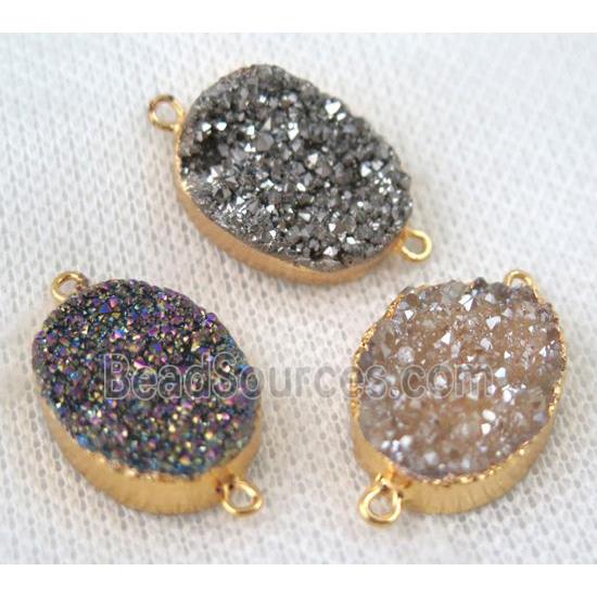 druzy quartz connector, mixed color, oval, gold plated