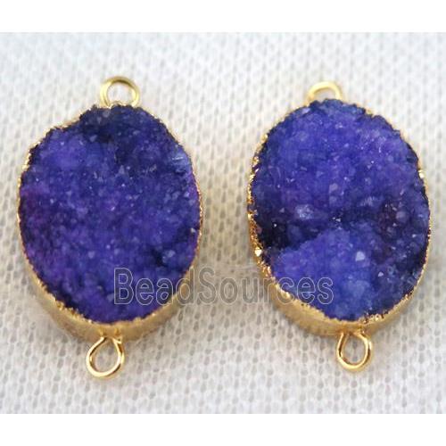 purple druzy quartz connector, oval, gold plated