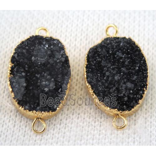 black druzy quartz connector, oval, gold plated