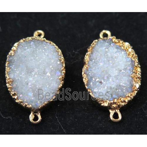 white AB-color druzy quartz connector, oval, gold plated