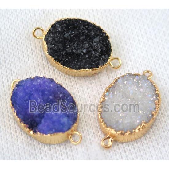 mixed druzy quartz connector, oval, gold plated