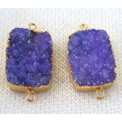 purple druzy quartz connector, rectangle, gold plated