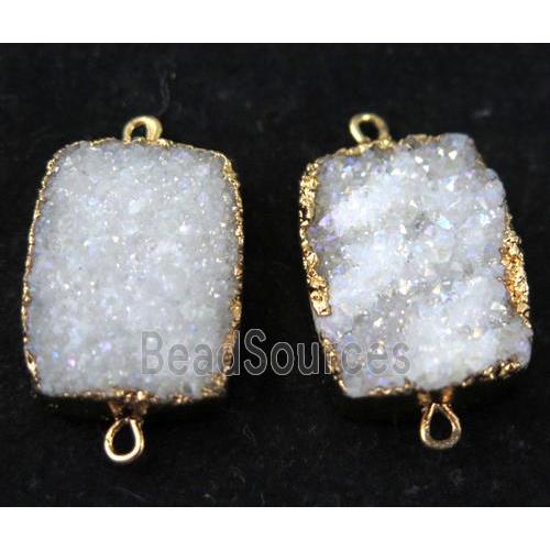 white AB-color druzy quartz connector, rectangle, gold plated