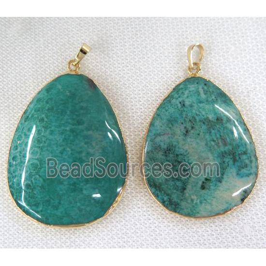 green coral fossil teardrop pendant, dye, gold plated