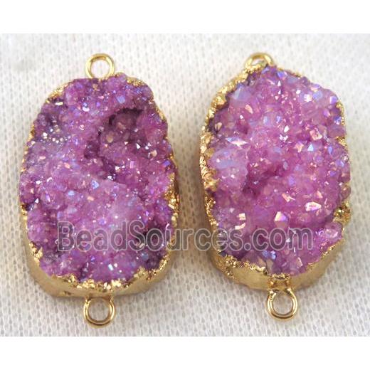 hotpink druzy quartz connector, AB color, freeform, gold plated