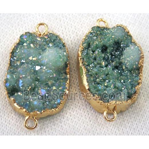 green druzy quartz connector, AB color, freeform, gold plated