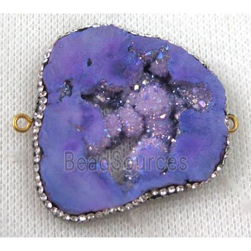 druzy agate slice connector paved rhinestone, freeform, lavender AB-color