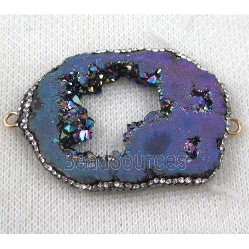 druzy agate slice connector paved rhinestone, freeform, rainbow plated