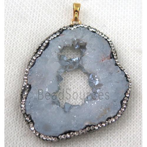 druzy agate slice pendant paved rhinestone, freeform, blue-gray plated