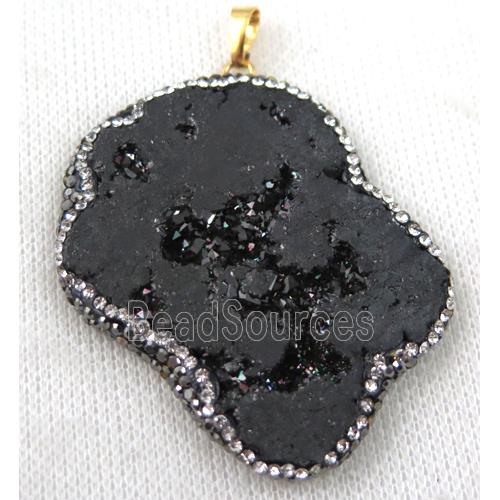 druzy agate slice pendant paved rhinestone, freeform, black plated