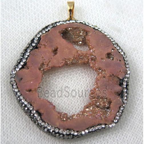 druzy agate slice pendant paved rhinestone, freeform, pink plated