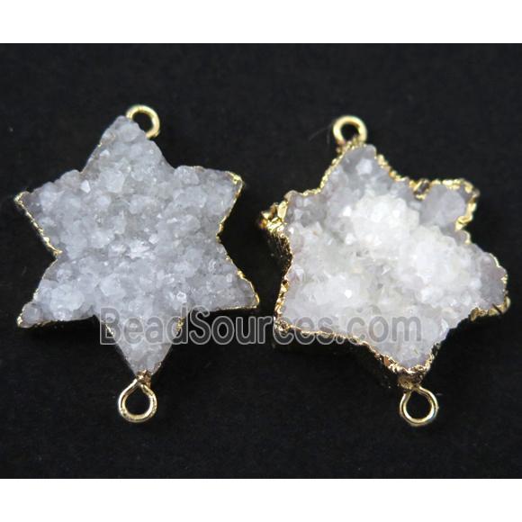 white druzy quartz connector, star, gold plated