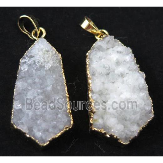 white druzy quartz pendant, gold plated