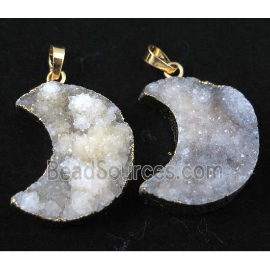 white druzy quartz pendant, moon, gold plated