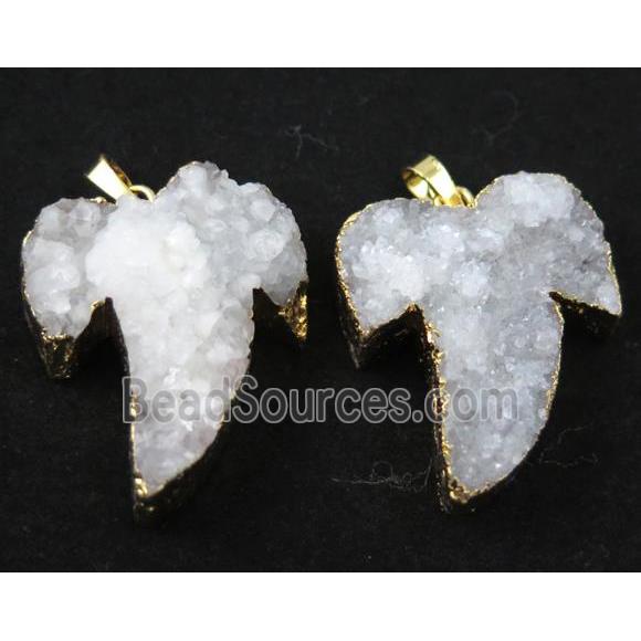 white druzy quartz pendant, shark-tooth shaped, gold plated