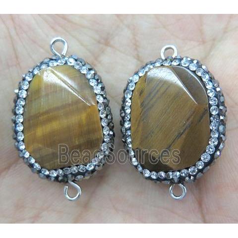 tiger eye stone connector paved rhinestone, faceted freeform