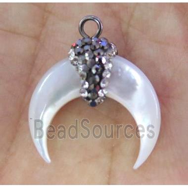 white pearl shell crescent pendant paved rhinestone, horn