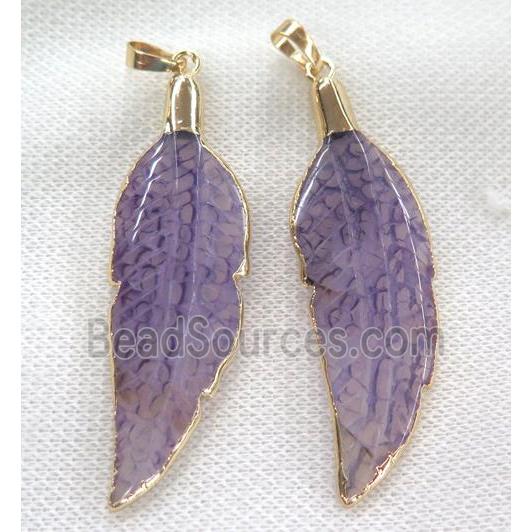 purple agate pendant, feather, gold plated