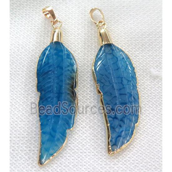 blue agate pendant, feather, gold plated