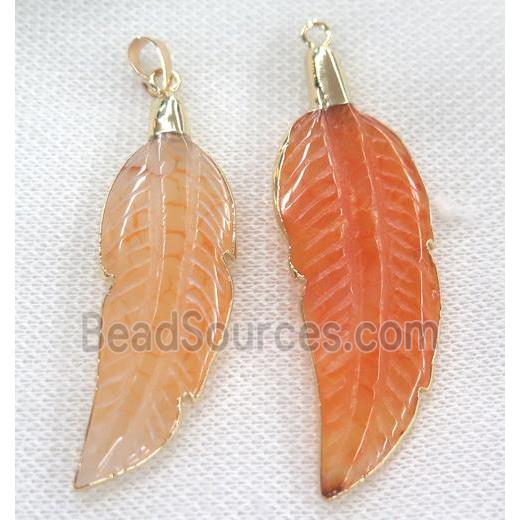 orange agate pendant, feather, gold plated