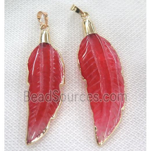 red agate pendant, feather, gold plated