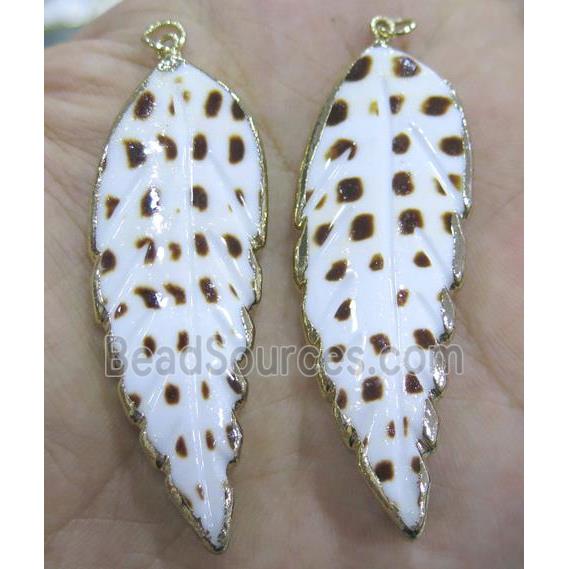 white shell pendant, leaf, gold plated