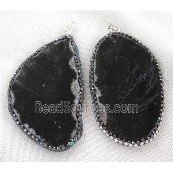 black agate slice pendant paved foil, freeform