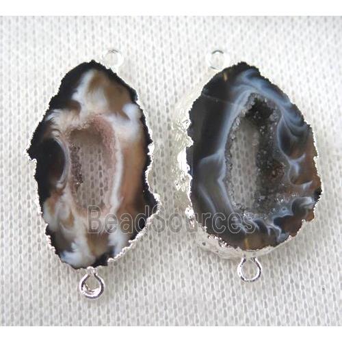 druzy Agate slice connector, freeform, silver plated