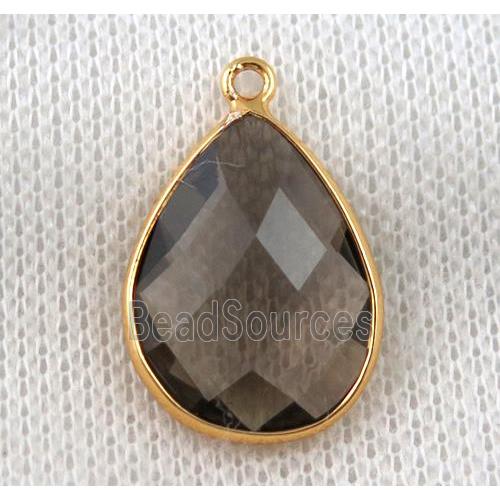 crystal glass pendant, teardrop, smoky, gold plated