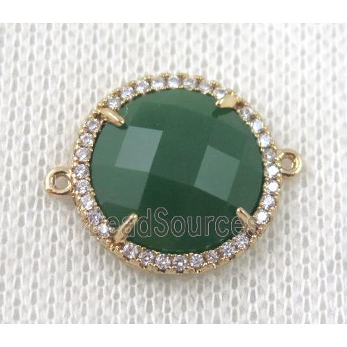 green crystal glass flat-round connector paved zircon, gold plated