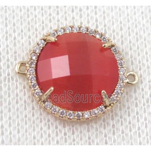 red crystal glass flat-round connector paved zircon, gold plated