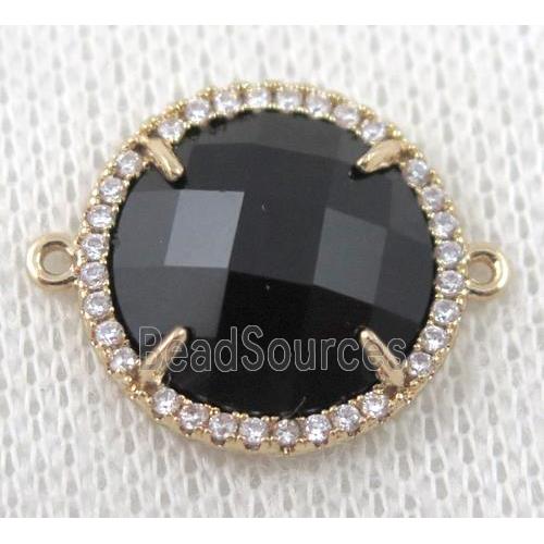 black crystal glass flat-round connector paved zircon, gold plated