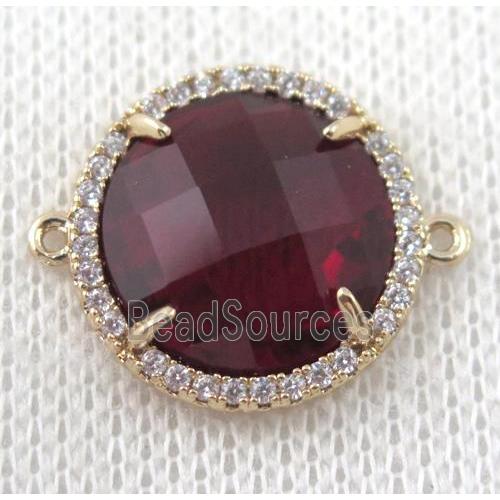 ruby crystal glass flat-round connector paved zircon, gold plated