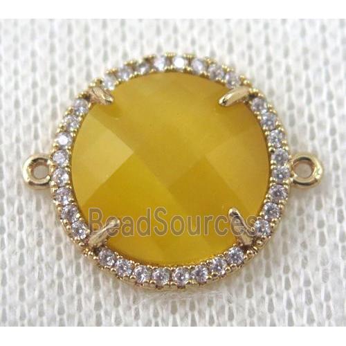 yellow crystal glass flat-round connector paved zircon, gold plated