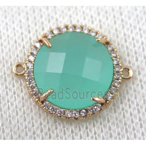 aqua crystal glass flat-round connector paved zircon, gold plated