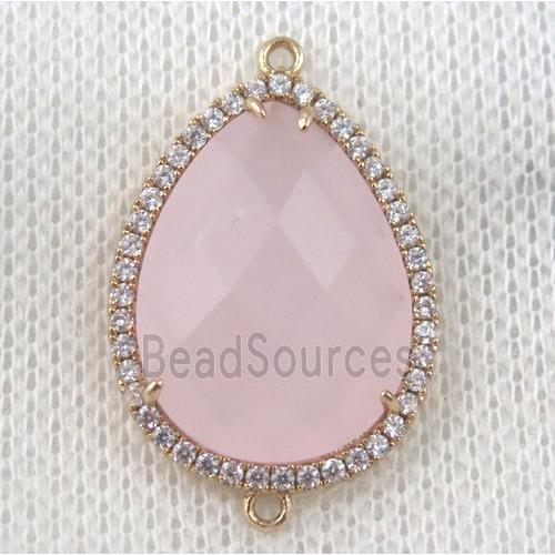 pink crystal glass teardrop connector paved zircon, gold plated