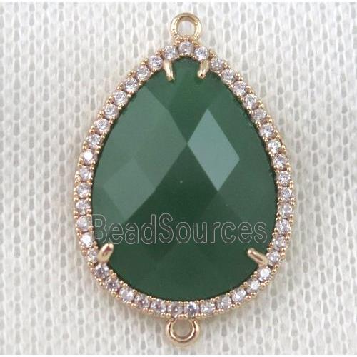 green crystal glass teardrop connector paved zircon, gold plated