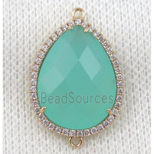 aqua crystal glass teardrop connector paved zircon, gold plated