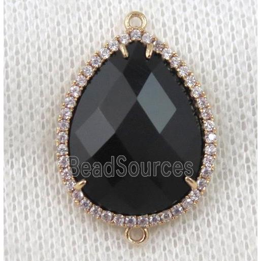 black crystal glass teardrop connector paved zircon, gold plated