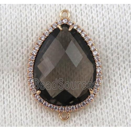 smoky crystal glass teardrop connector paved zircon, gold plated