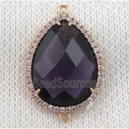 dark-purple crystal glass teardrop connector paved zircon, gold plated