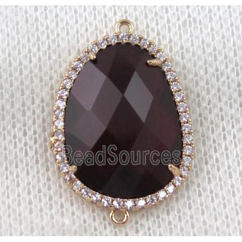 dark-ruby crystal glass teardrop connector paved zircon, gold plated