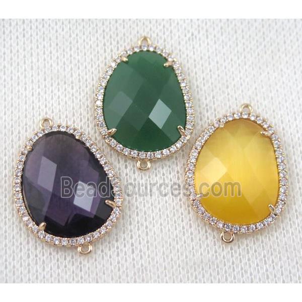 crystal glass teardrop connector paved zircon, mix color, gold plated