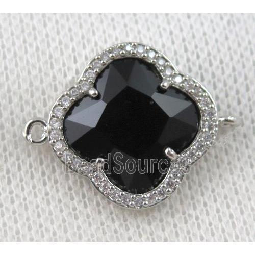 black crystal glass four-leaf Clover connector paved zircon, platinum plated