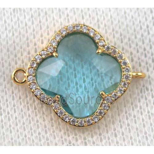 aqua crystal glass four-leaf Clover connector paved zircon, gold plated